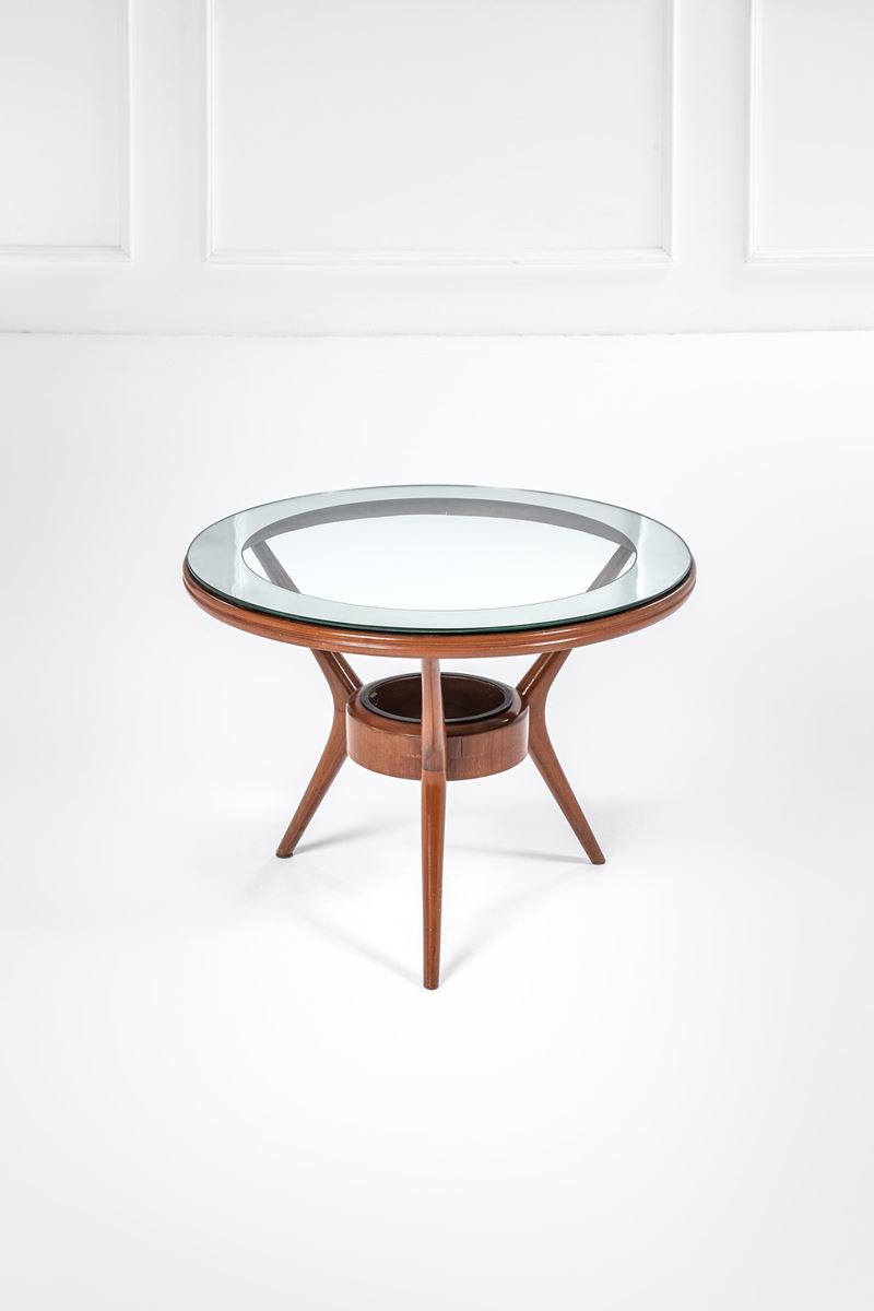 Tavolino, legno e vetro molato con fascia specchiata (ca. 1950)