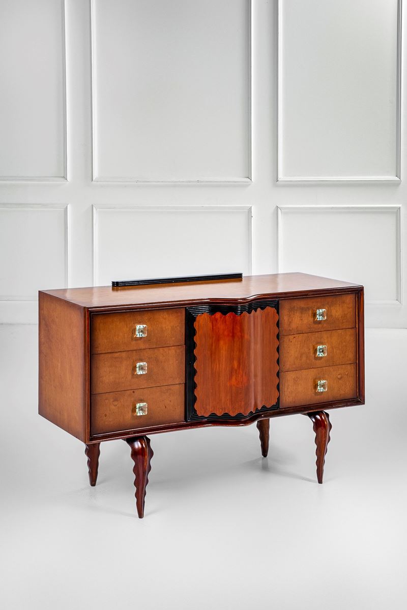 Mobile contenitore a due file di cassetti e anta centrale celante cassetti