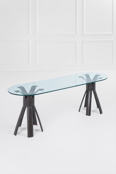 Console della serie Longobardo, ferro forgiato e vetro trasparente