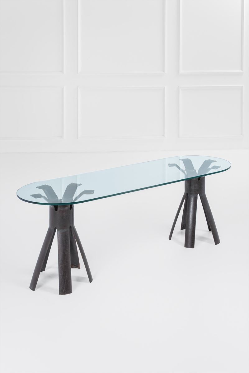 Angelo Mangiarotti - Console della serie Longobardo, ferro forgiato e vetro trasparente