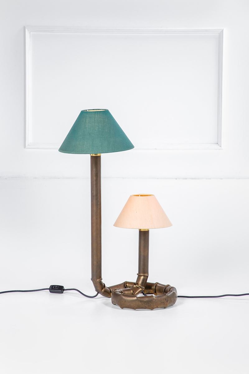 Bottega Gadda (attr.) - Lampada da terra in ottone tubolare e tessuto, circa 1970