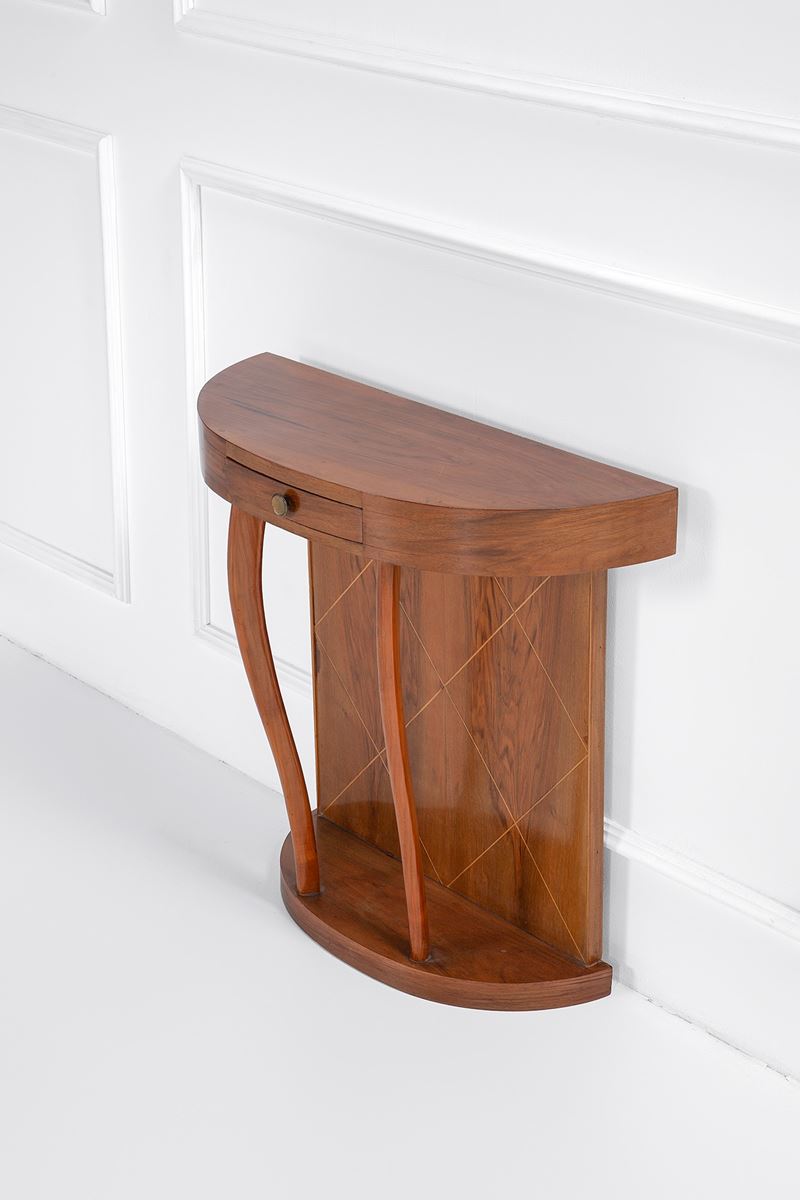 Console, in legno impiallacciato, massello e intarsiato a motivi di losanghe (circa 1940)