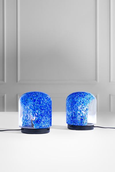 Lampade da tavolo della serie Neverrino (coppia), metallo verniciato e vetro a murrine