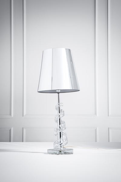 Lampada da tavolo in vetro ghiaccio trasparente e metallo cromato