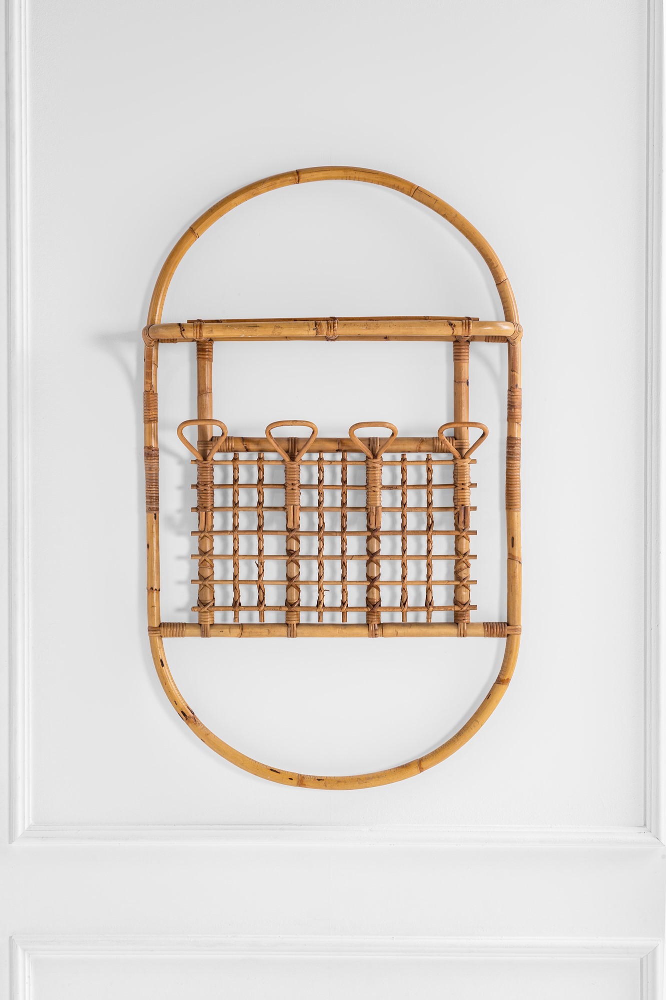 Appendiabiti da parete in bamboo, canna d’India e midollino, circa 1960