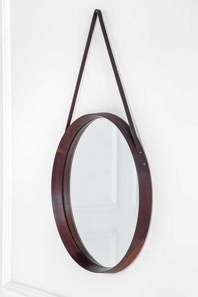 Specchio da parete, cornice in legno e cuoio con vetro specchiato