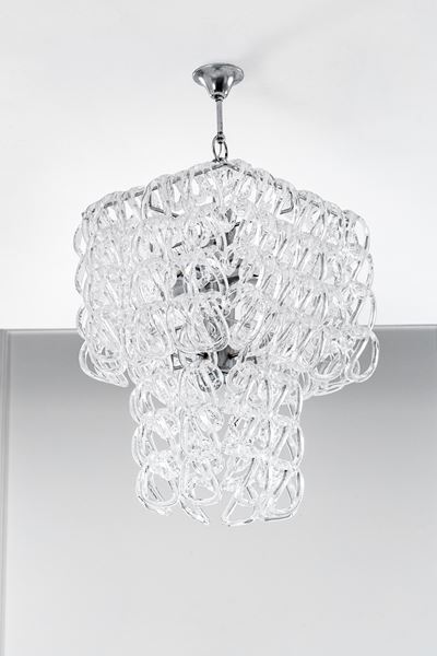 Lampadario modello “Giogali”, metallo cromato e vetro, produzione Vistosi (ca. 1970)