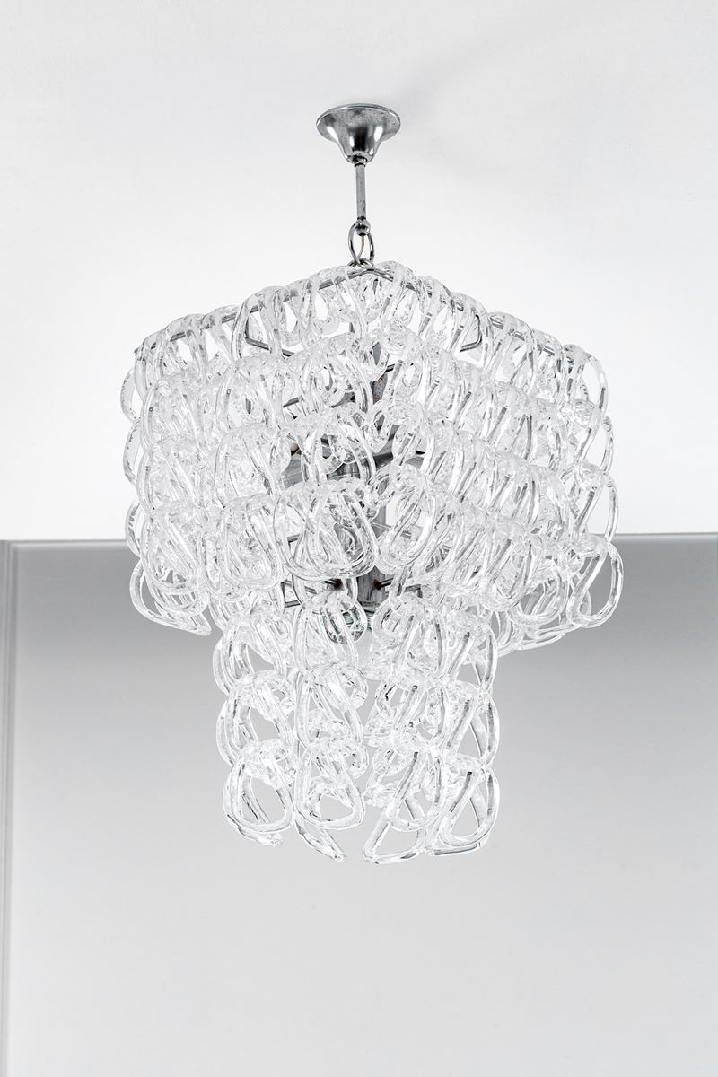 Angelo Mangiarotti - Lampadario modello “Giogali”, metallo cromato e vetro, produzione Vistosi (c...