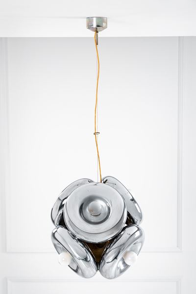 Lampada a sospensione in metallo cromato (produzione circa 1970)