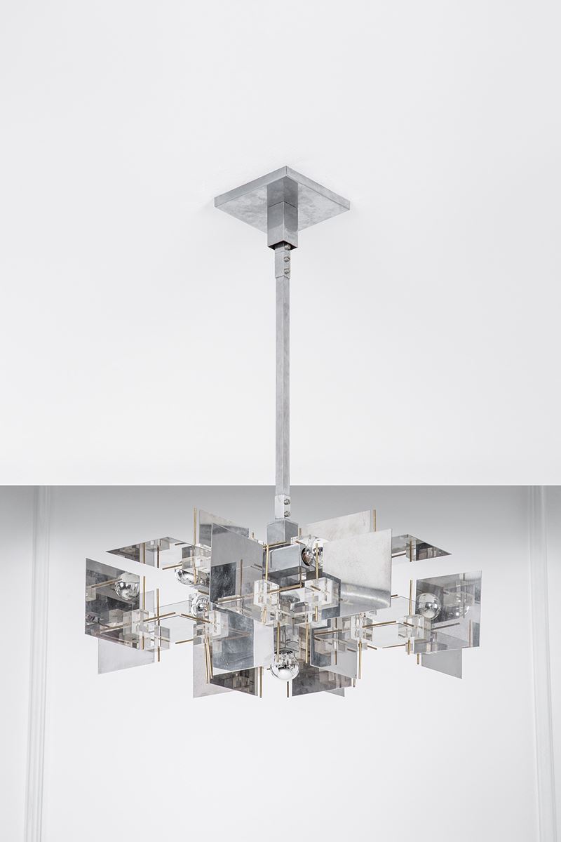 Sciolari - Lampadario in metallo cromato e ottone con diffusori in metacrilato trasparente