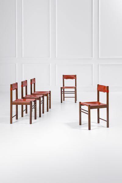 Cinque sedie in legno e cuoio (produzione, 1960 ca.)