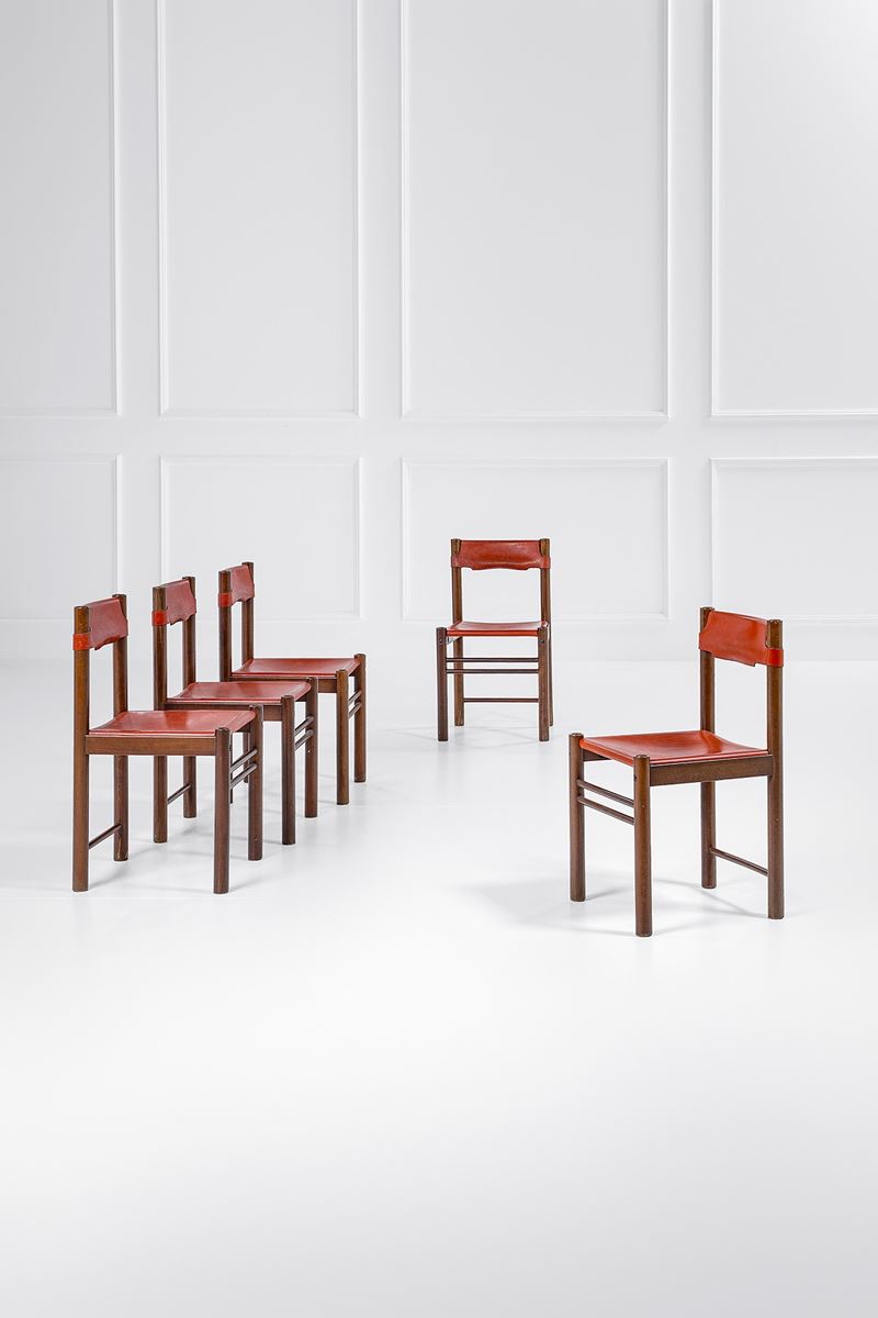 Ibisco - Cinque sedie in legno e cuoio (produzione, 1960 ca.)