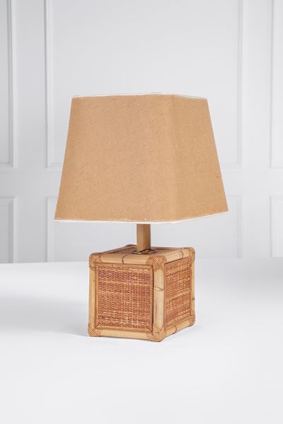 Lampada da tavolo in bambù, canna d’India e midollino, tessuto, circa 1970