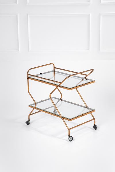 Carrello a due piani, tubolare di rame e cristallo (ca. 1950)
