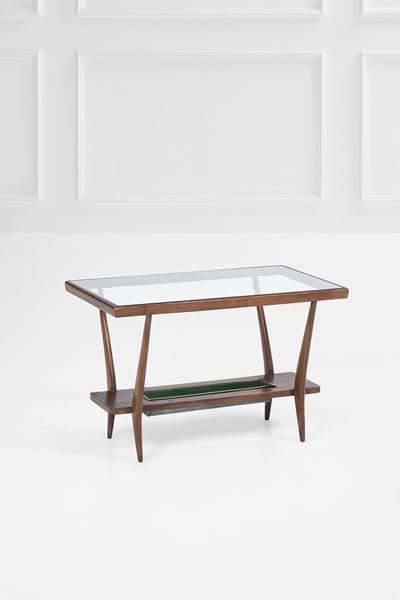 Tavolino a due piani, legno massello sagomato e cristallo (ca. 1950)
