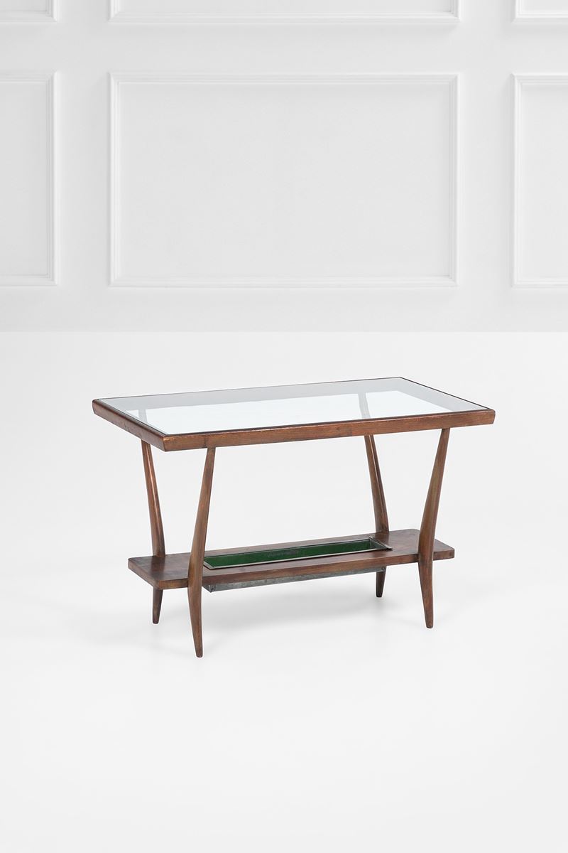 Tavolino a due piani, legno massello sagomato e cristallo (ca. 1950)