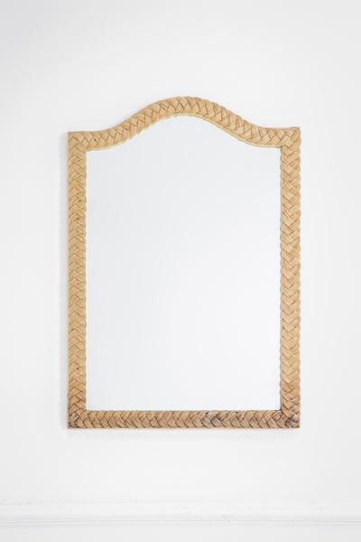 Specchiera, midollino intrecciato, legno e vetro specchiato (circa 1970)