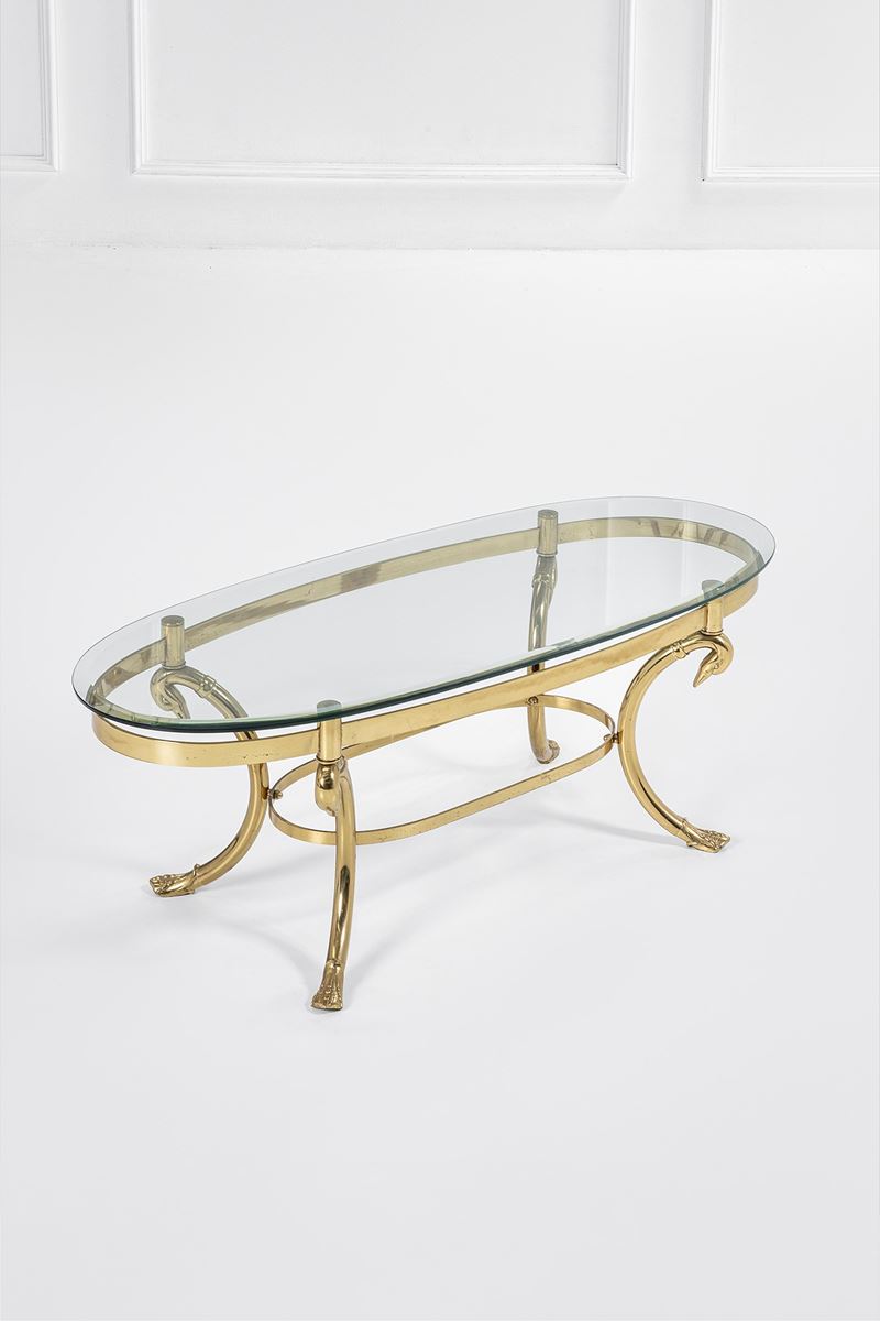 Tavolino in cristallo molato e ottone sagomato, c. 1980