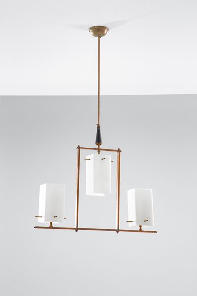 Lampadario a tre luci, vetro opalino e ottone, circa 1950