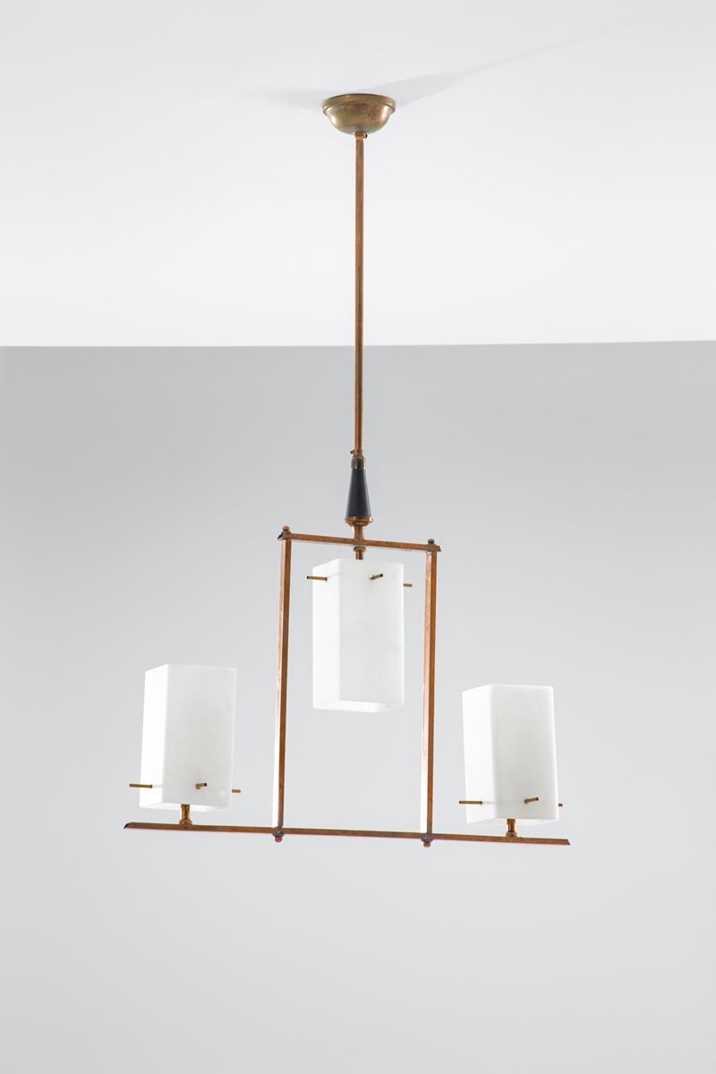 Lampadario a tre luci, vetro opalino e ottone, circa 1950