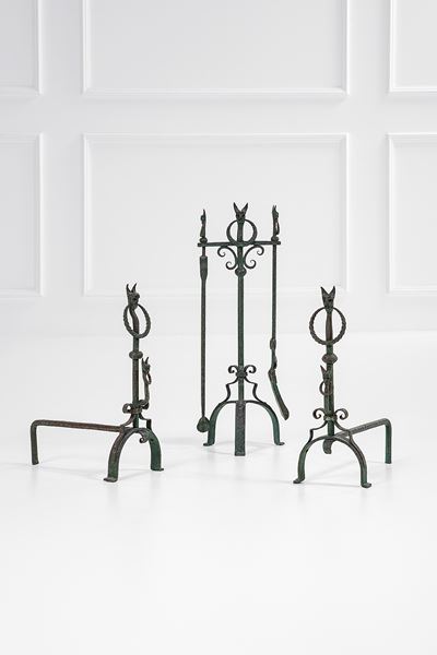 Ferro battuto e sagomato, Set da camino con due alari e attrezzi (figure antropomorfe), ca. 1950