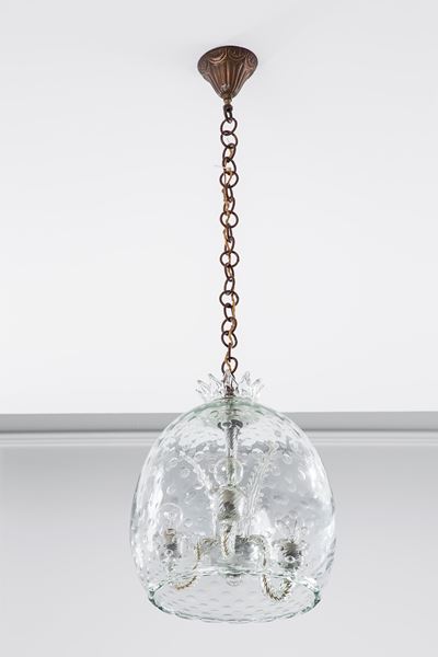 Lampada a sospensione in vetro e ottone (1940 ca.)