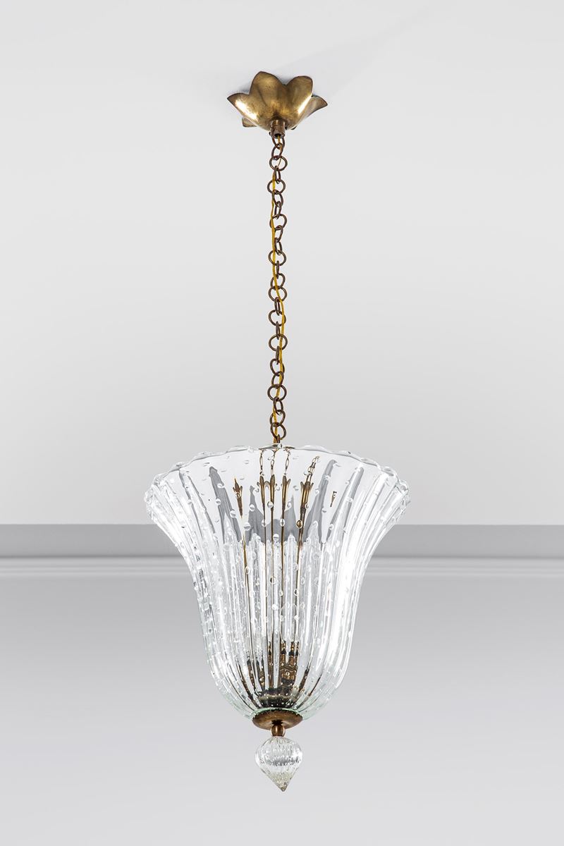 Barovier & Toso - Lampada a sospensione in vetro costolato e ottone