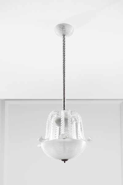 Lampadario in vetro pulegoso e costolato (produzione 1940 circa)
