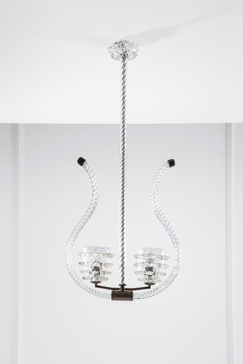 Lampadario a lira, vetro torchon e rostrato con struttura in ottone (ca. 1940)