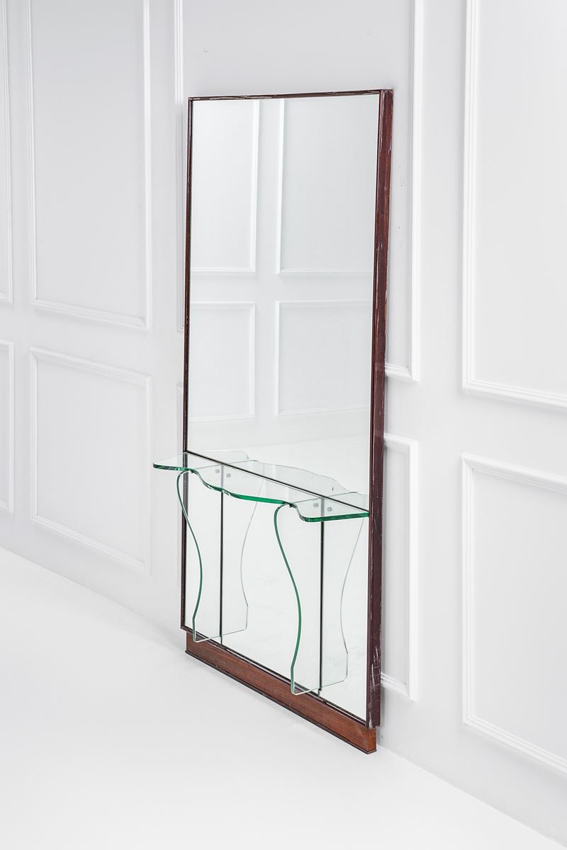 Specchiera per fondo sala con console integrata, legno impiallacciato, ottone e cristallo molato ...