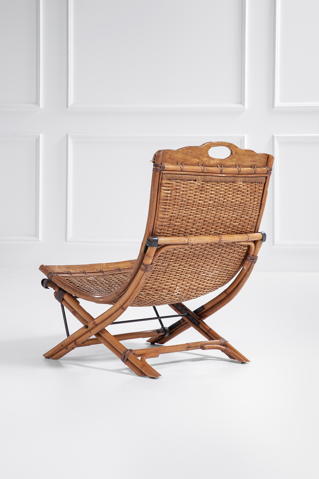 Set di due sedute da giardino e poggiapiedi, legno, bambù, rattan e metallo verniciato (midollino...