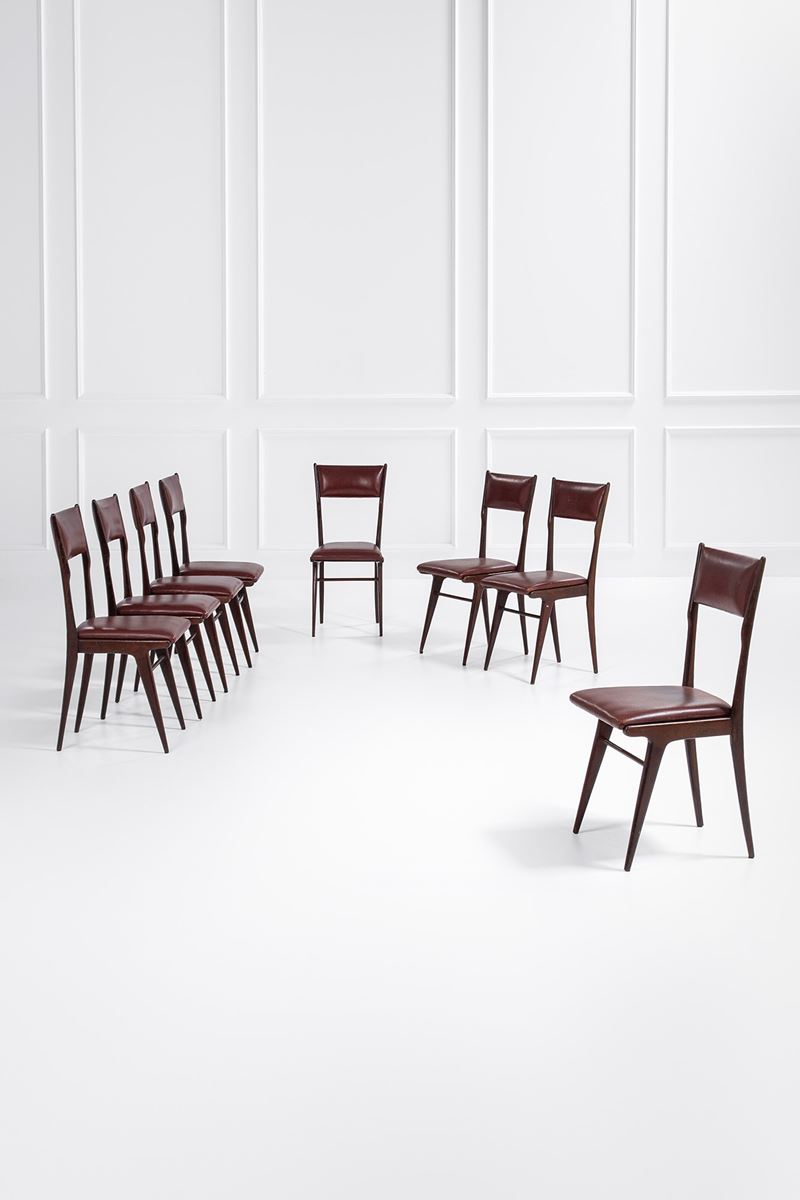 Carlo De Carli, nel Gusto di - Carlo De Carli, Otto sedie (nel gusto di), legno tinto sagomato e ...