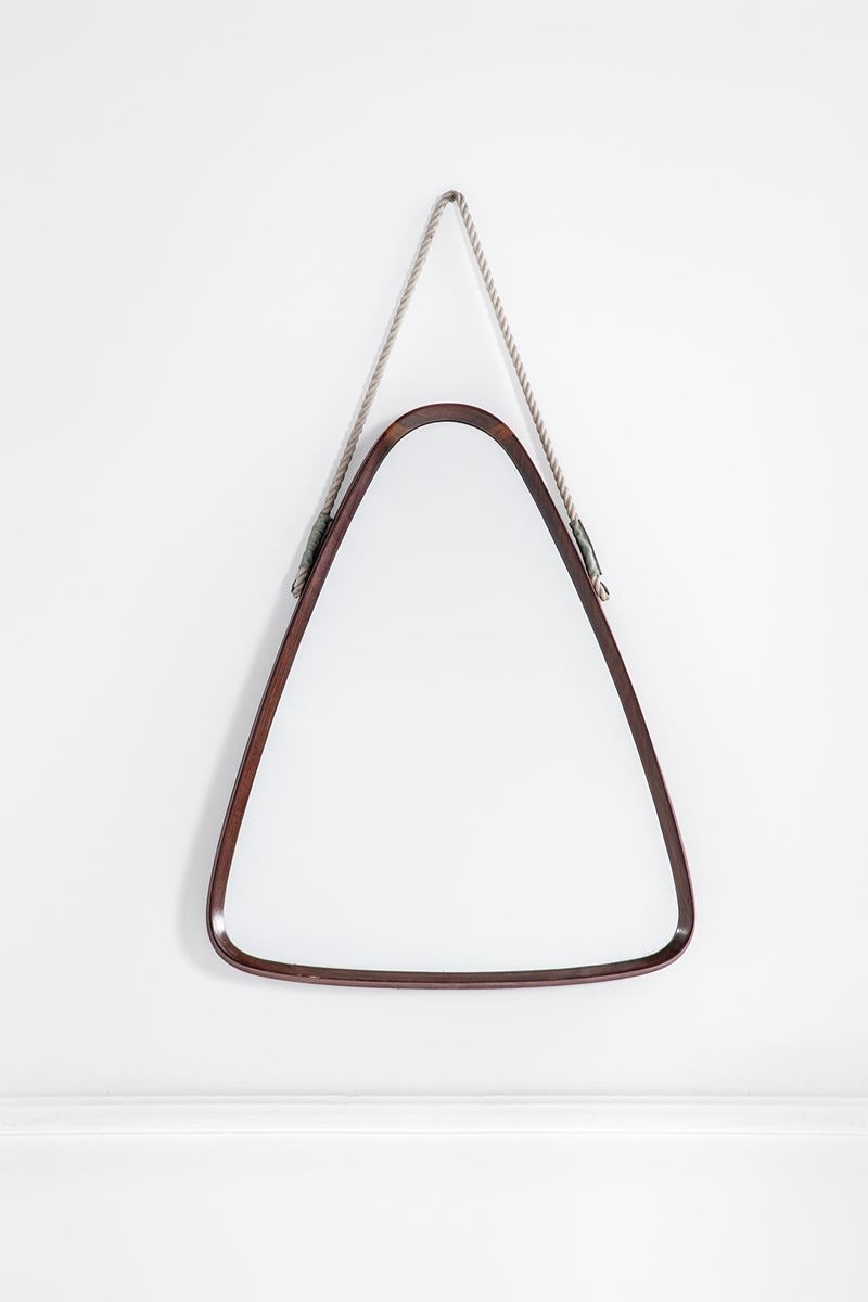 Specchio da parete in legno, corda e ottone, vetro specchiato (circa 1950)