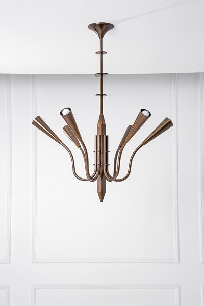 Lampadario a sei luci, metallo con finitura rame (ca. 1940)