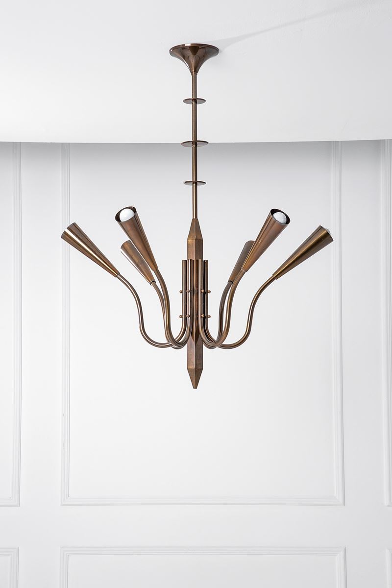 Lampadario a sei luci, metallo con finitura rame (ca. 1940)