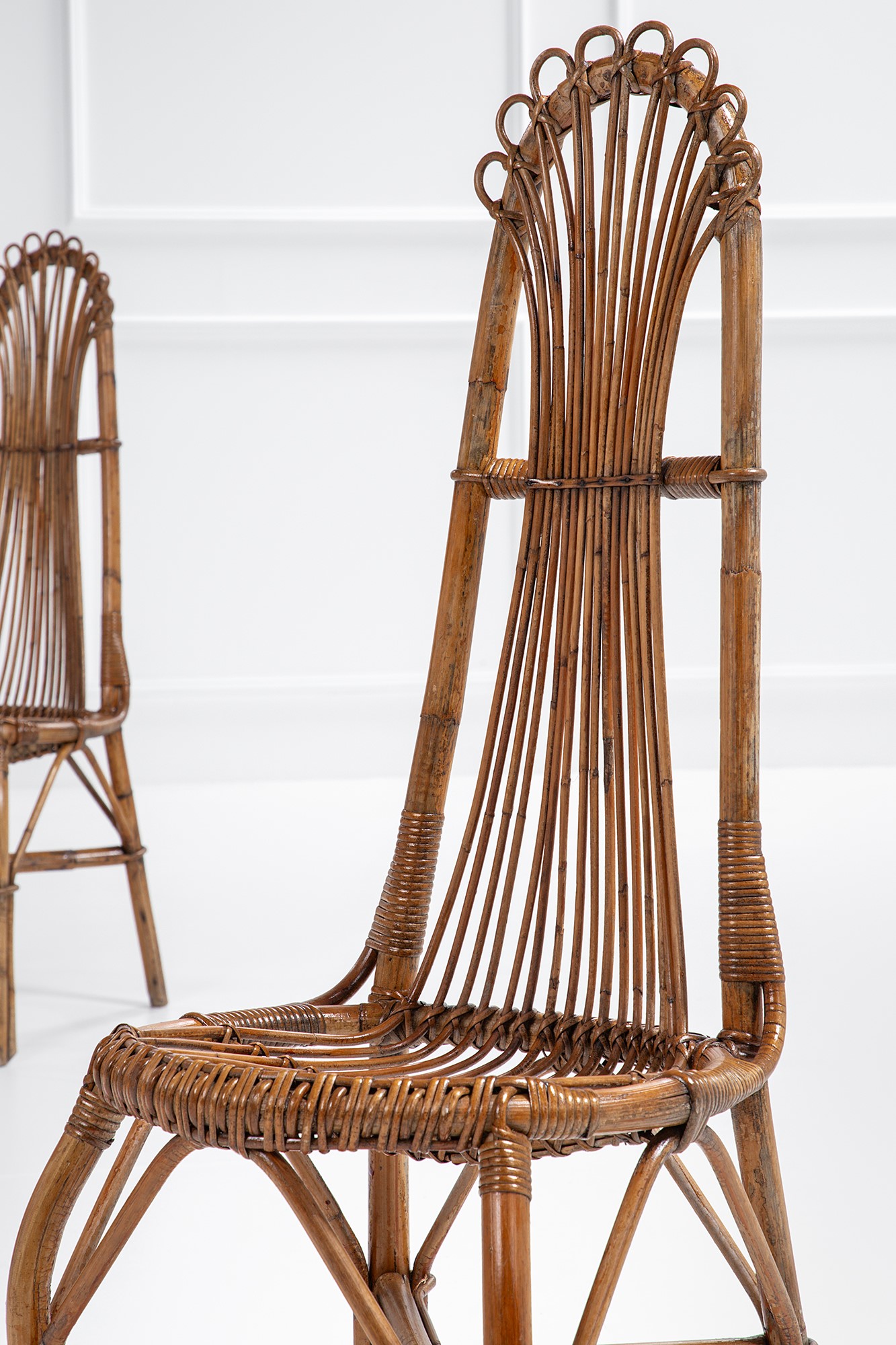 Set di sei sedie da giardino, bambù, canna d’India e midollino (circa 1960)