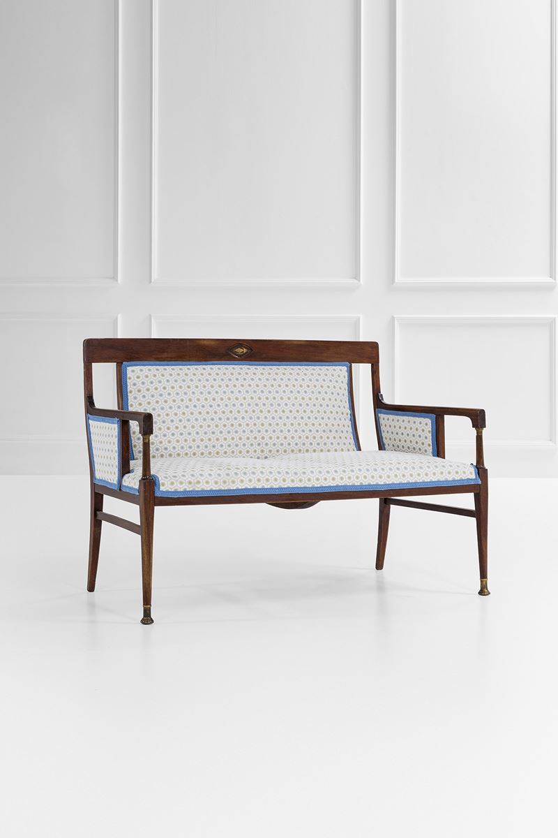 Julius & Josef Herrmann - Divano a due posti in legno sagomato, tessuto e ottone