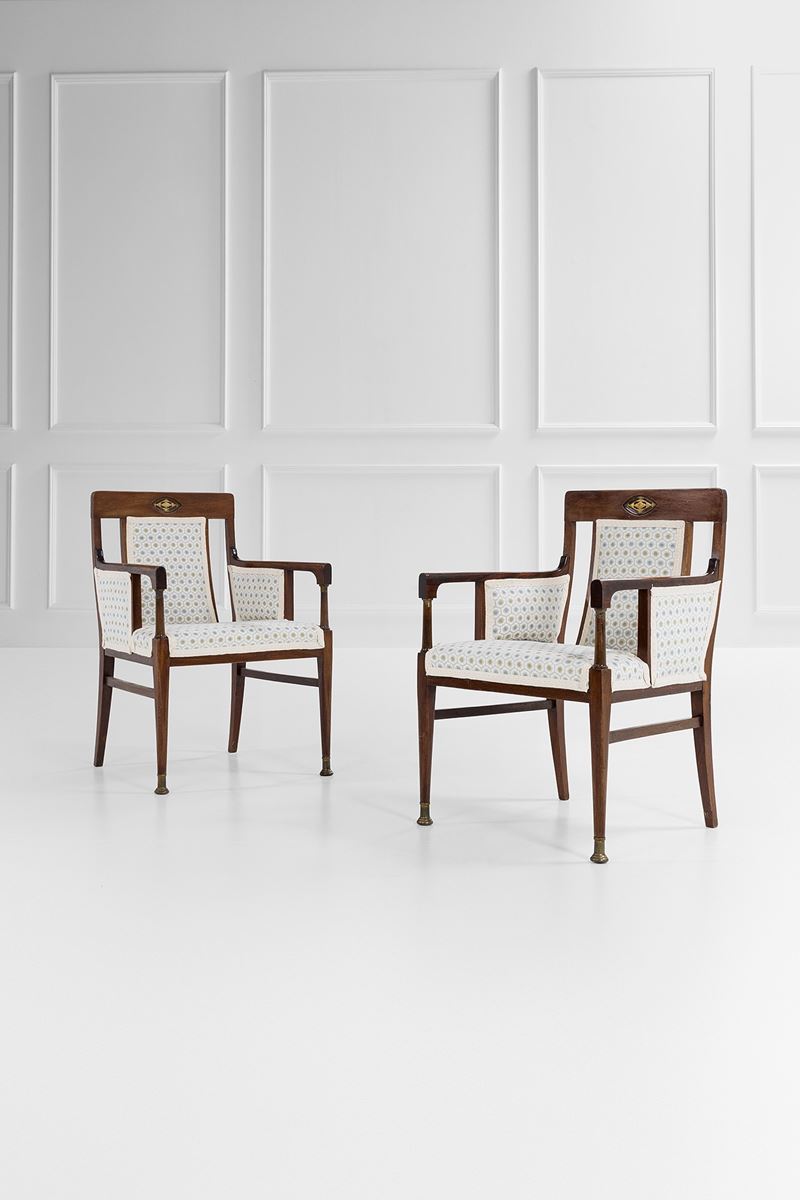 Julius & Josef Herrmann - Due poltroncine in legno sagomato e tessuto con elementi in ottone