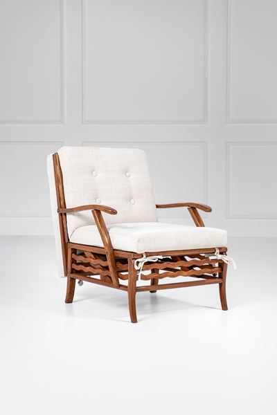 Poltrona trasformabile, legno massello sagomato, ottone e rivestimento in tessuto (ca. 1950)