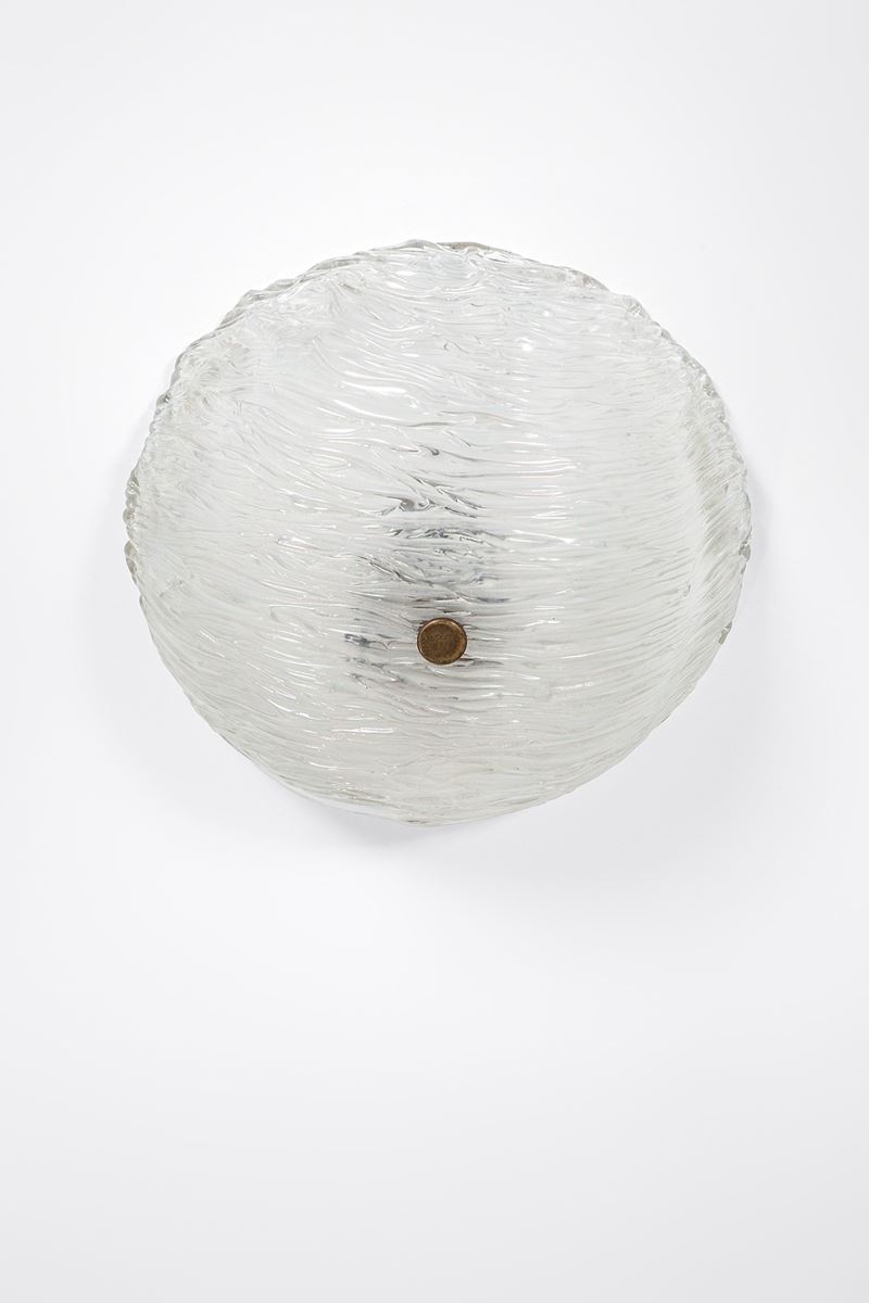Venini - Lampada da plafone o da parete in vetro “corteccia” iridato e ottone