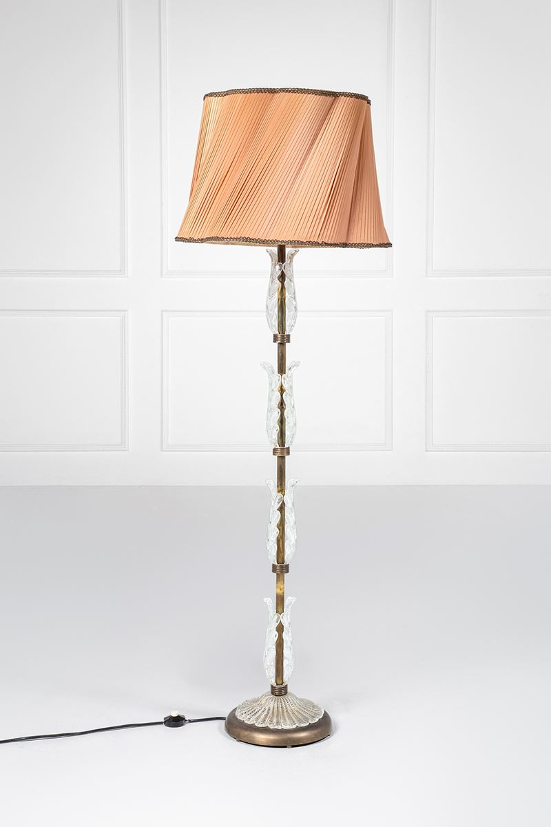 Seguso Vetri D'arte (attr.) - Lampada da terra in ottone e vetro di Murano trasparente