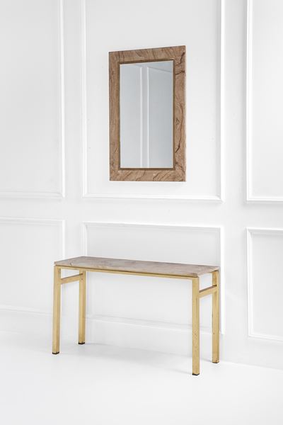 Console in travertino, ottone e specchio con specchiera, 1970 ca.