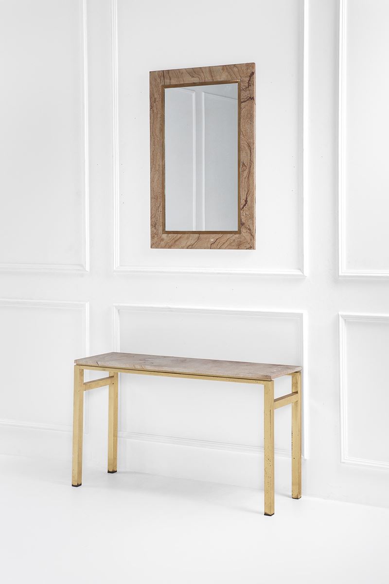 Console in travertino, ottone e specchio con specchiera, 1970 ca.