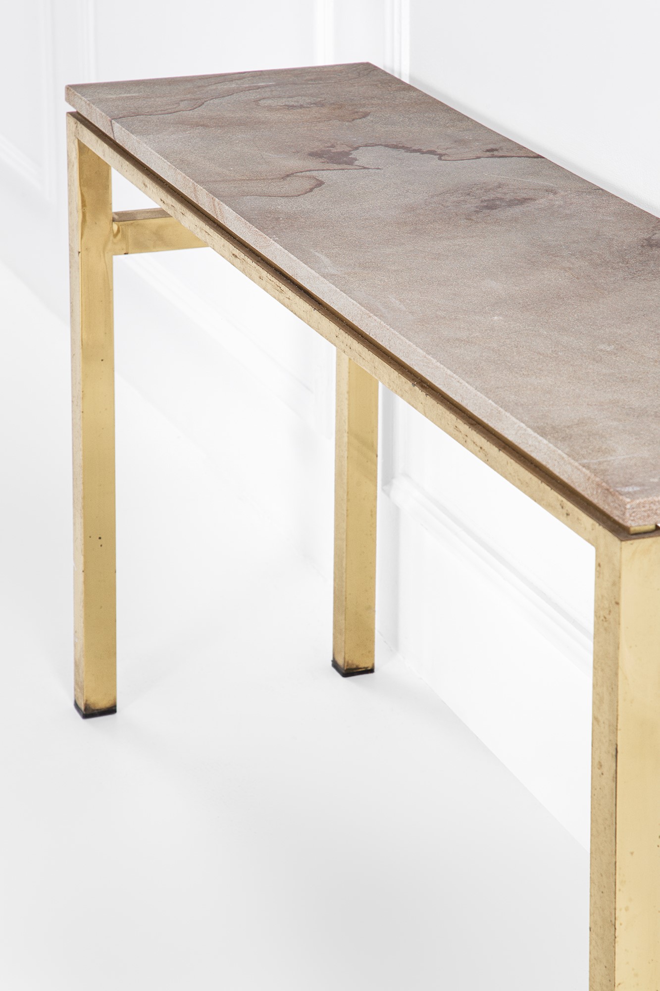 Console in travertino, ottone e specchio con specchiera, 1970 ca.