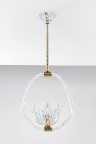 Lampadario in vetro a torchon e foglie con elementi in ottone, 1940 ca.