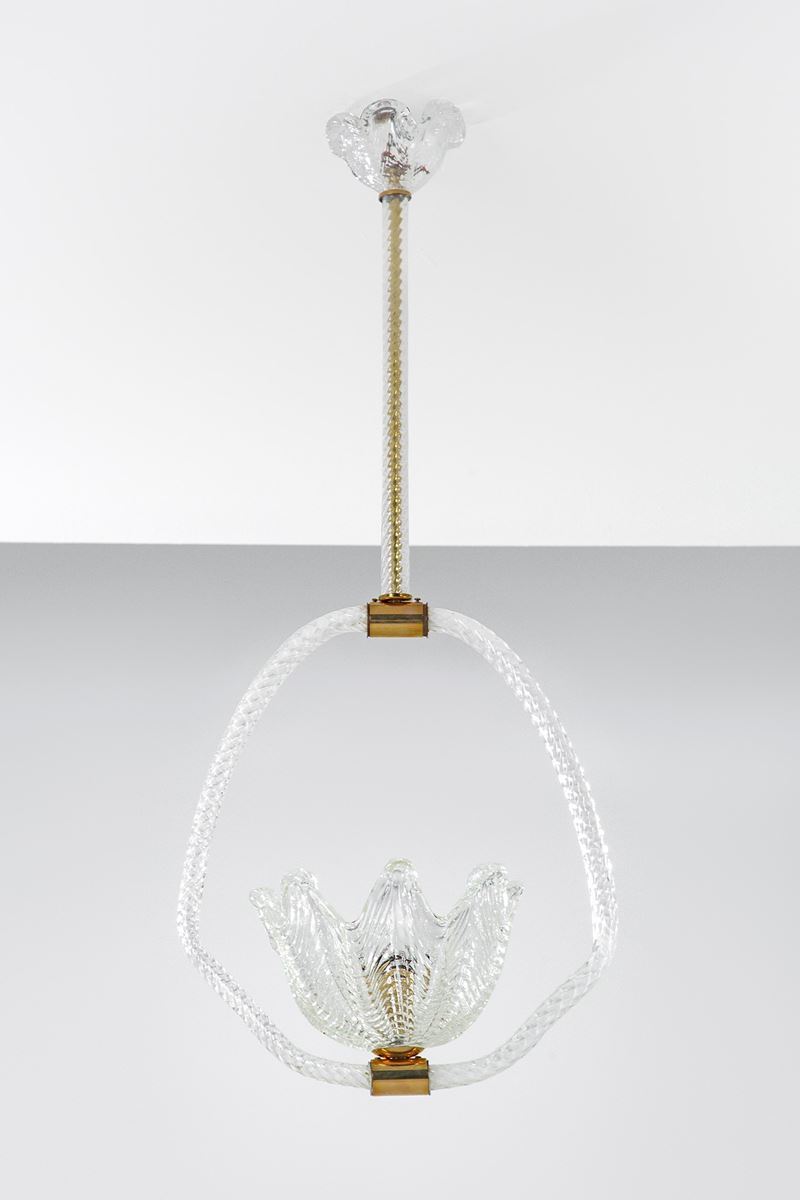 Lampadario in vetro a torchon e foglie con elementi in ottone, 1940 ca.