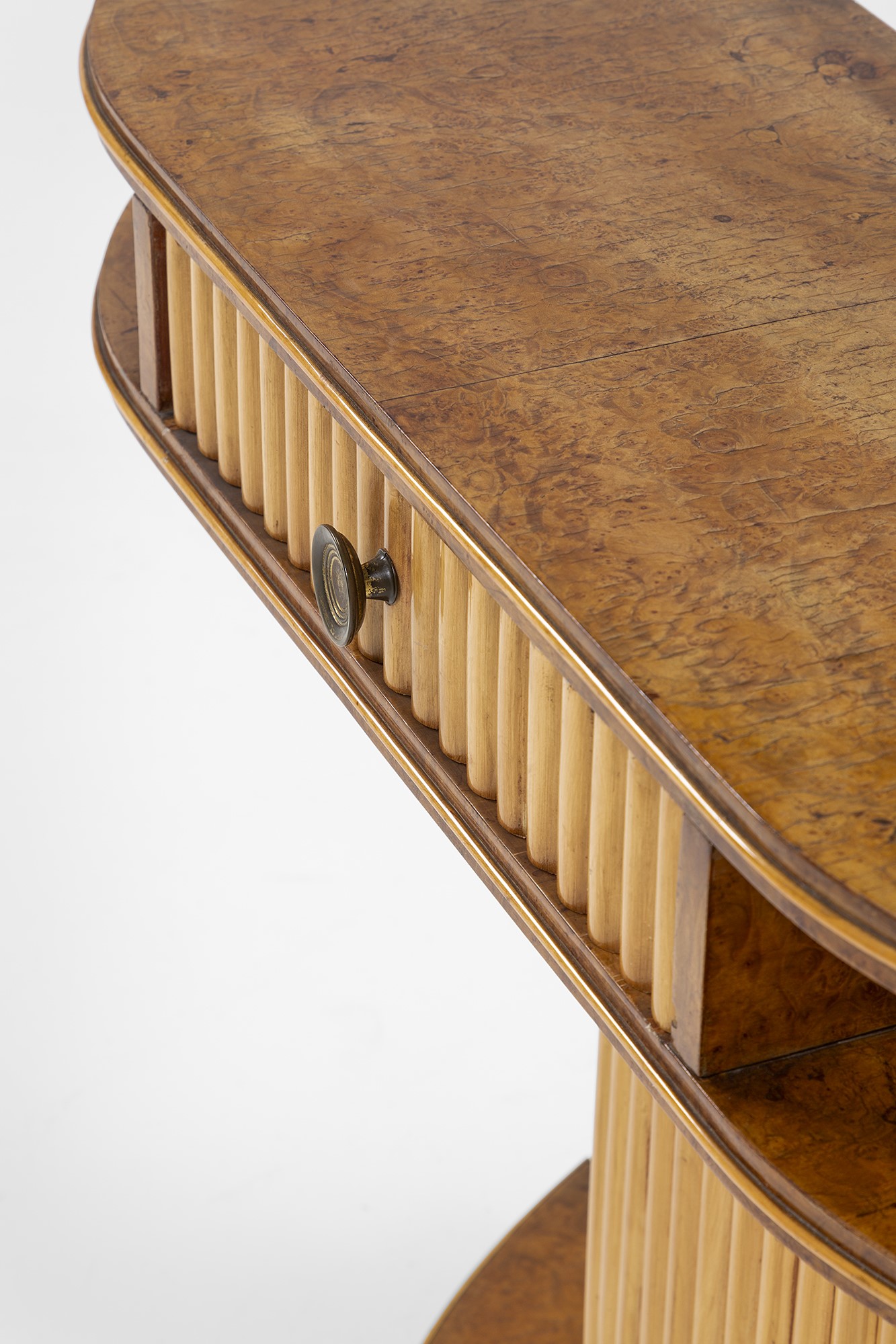 Console a mezzaluna con cassetto, legno massello e impiallacciature in radica, ottone, circa 1940