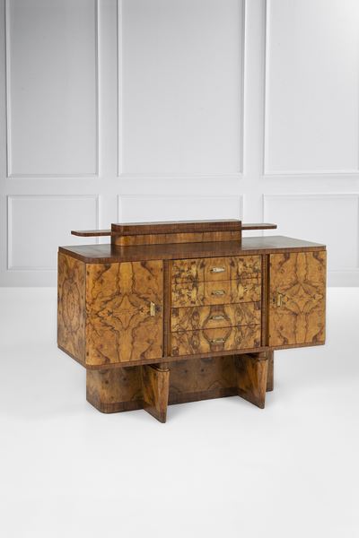 Credenza con alzatina, legno impiallacciato in radica e ottone, ca. 1930