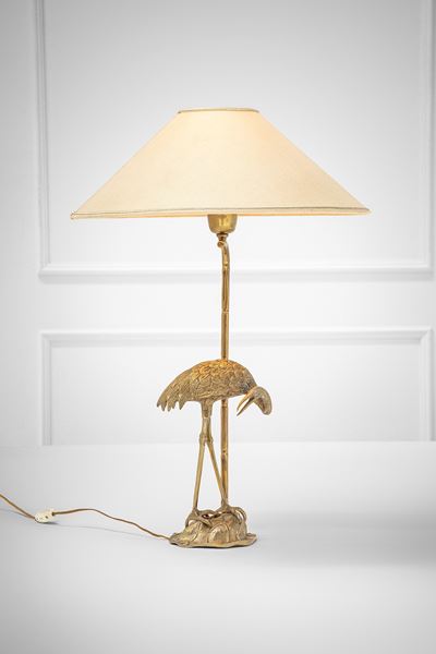 Lampada da tavolo, fusione in ottone dorato a guisa di gru, tessuto, anni ’70 circa