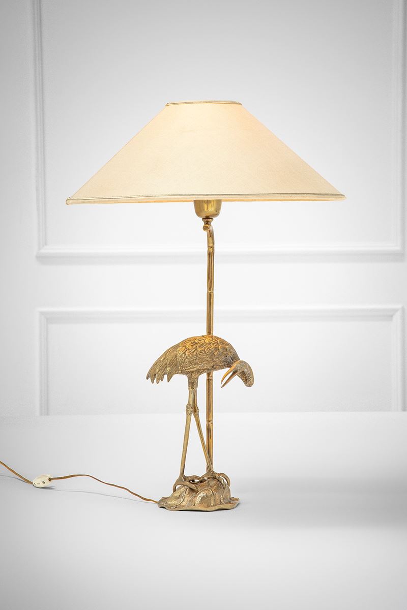 Lampada da tavolo, fusione in ottone dorato a guisa di gru, tessuto, anni ’70 circa